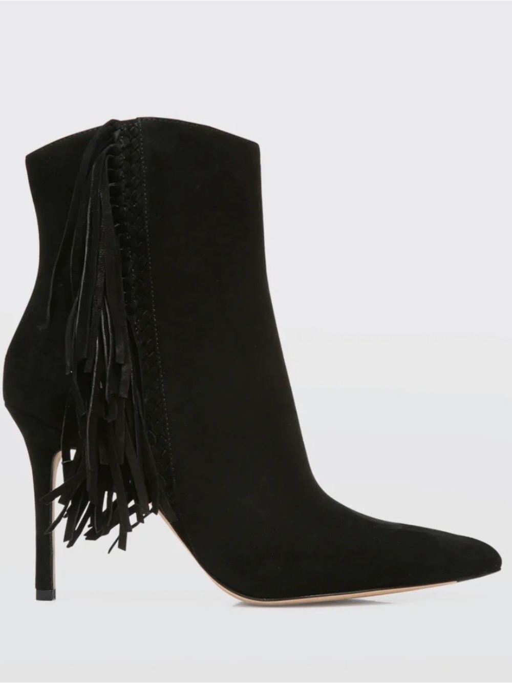 Veronica Beard Black Suede Fringe Pointed-Toe Ankle Boot